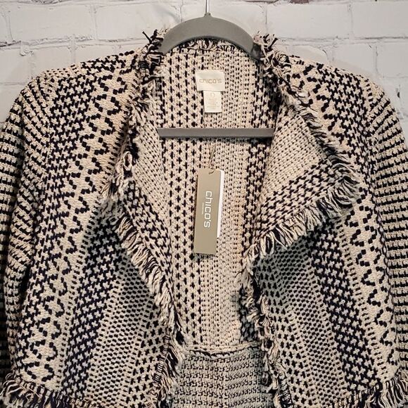 Chico's textured fringe Lucy cardigan tan and blue NWT - Picture 2 of 10